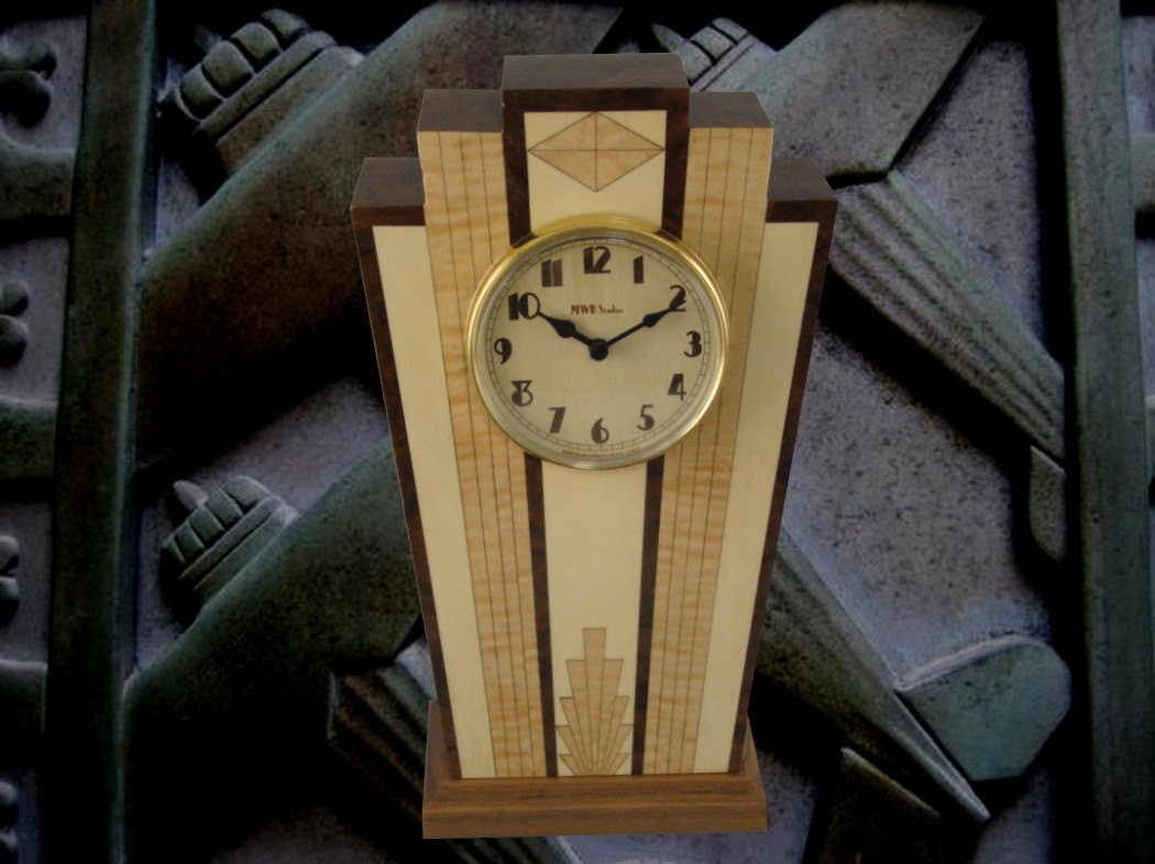 Art deco mantle clock with wood dial with free shipping