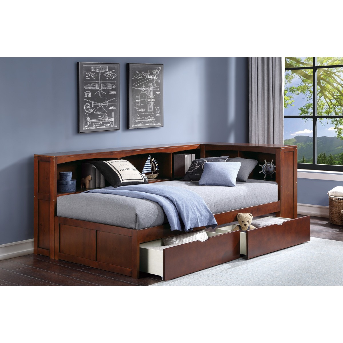 B2013bcdc 1bct twin bookcase corner bed with storage boxes