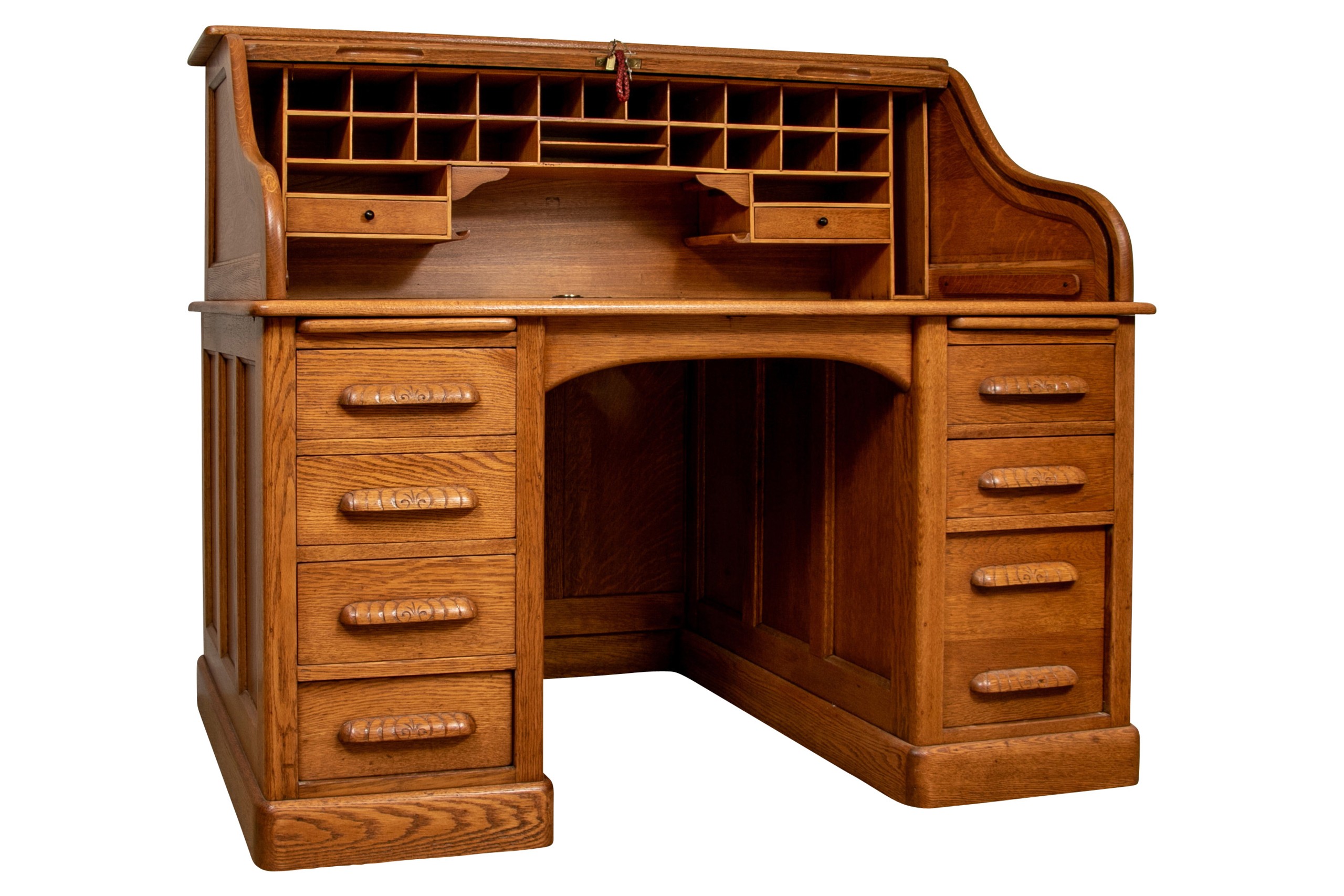 Beautiful antique oak roll top desk with key 90648