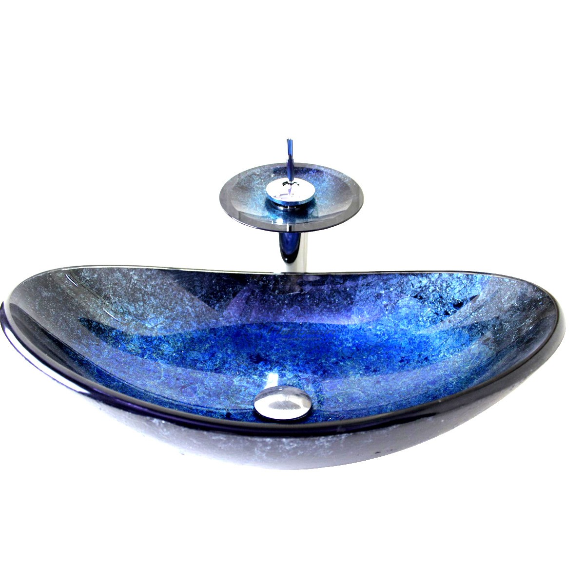 Blue starry like glass vessel sink with faucet and drainer