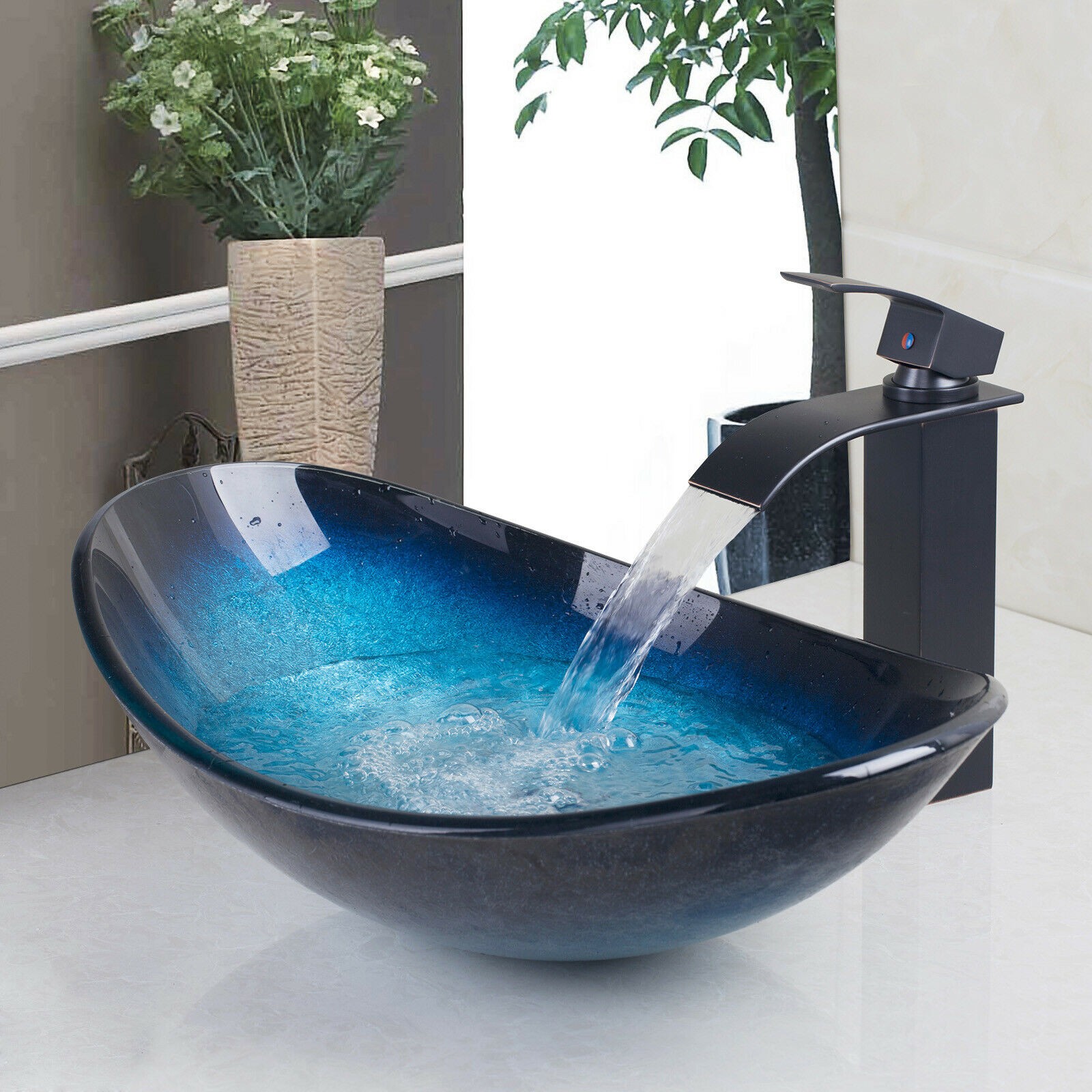 Blue tempered glass round bathroom vanity vessel sink with