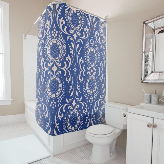 Blue toile bathroom shower curtain