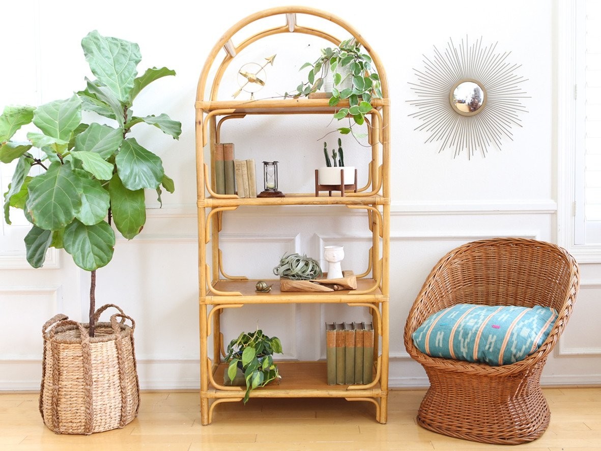Boho chic vintage banboo rattan bookshelf shelf hutch