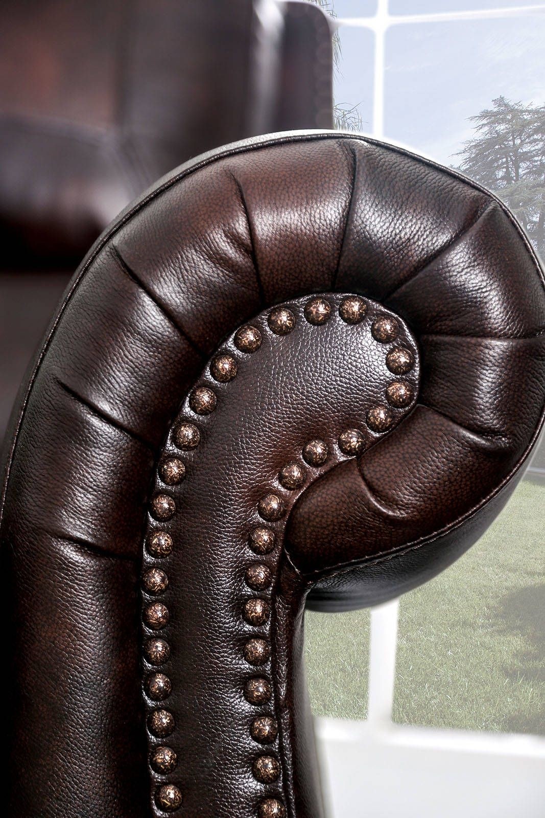 Brown top grain leather power reclining chair rolled arms 1