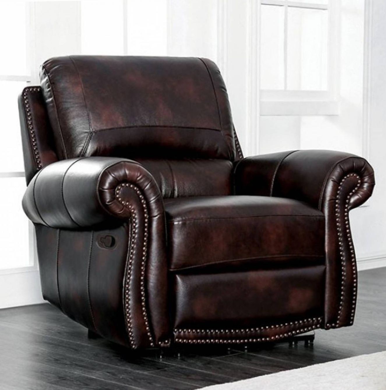 Brown top grain leather power reclining chair rolled arms