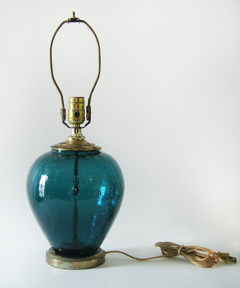 Crackle glass lamp vintage teal blue glass table lamp by