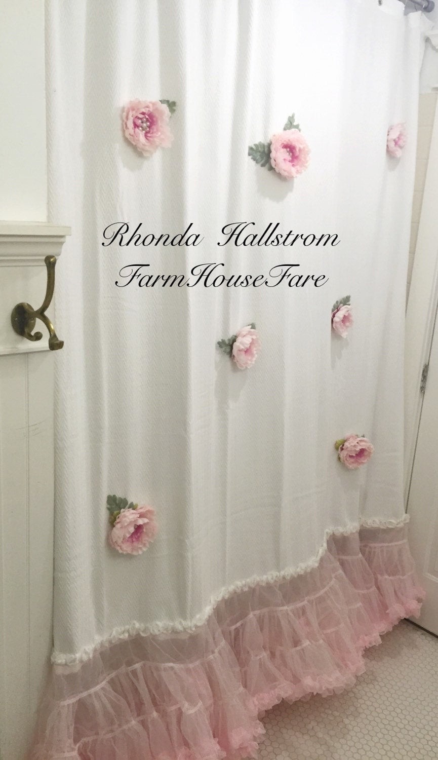 Custom altered shower curtain long pink flower tulle shabby