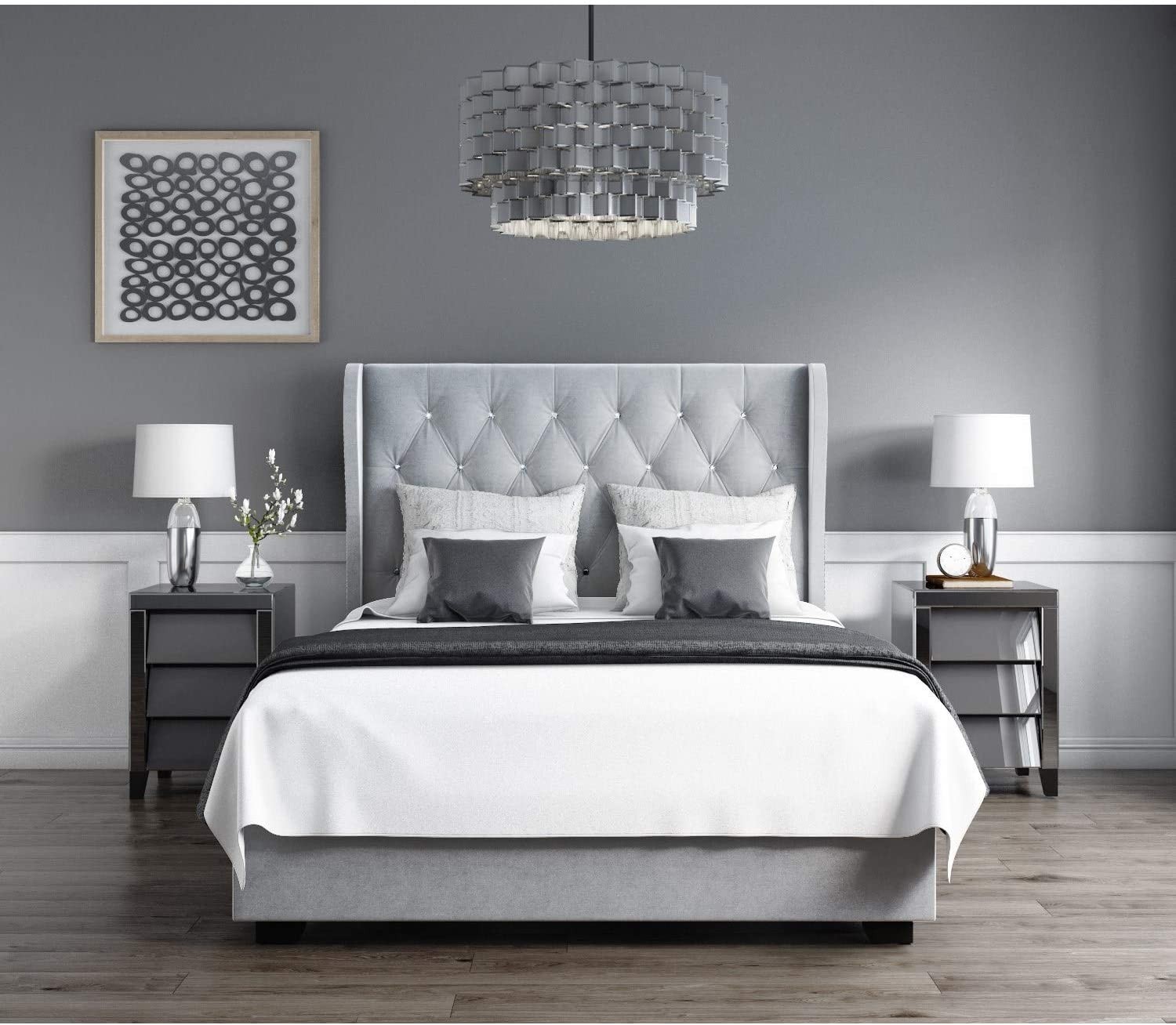 Double studded upholstered headboard naples fabrics silver