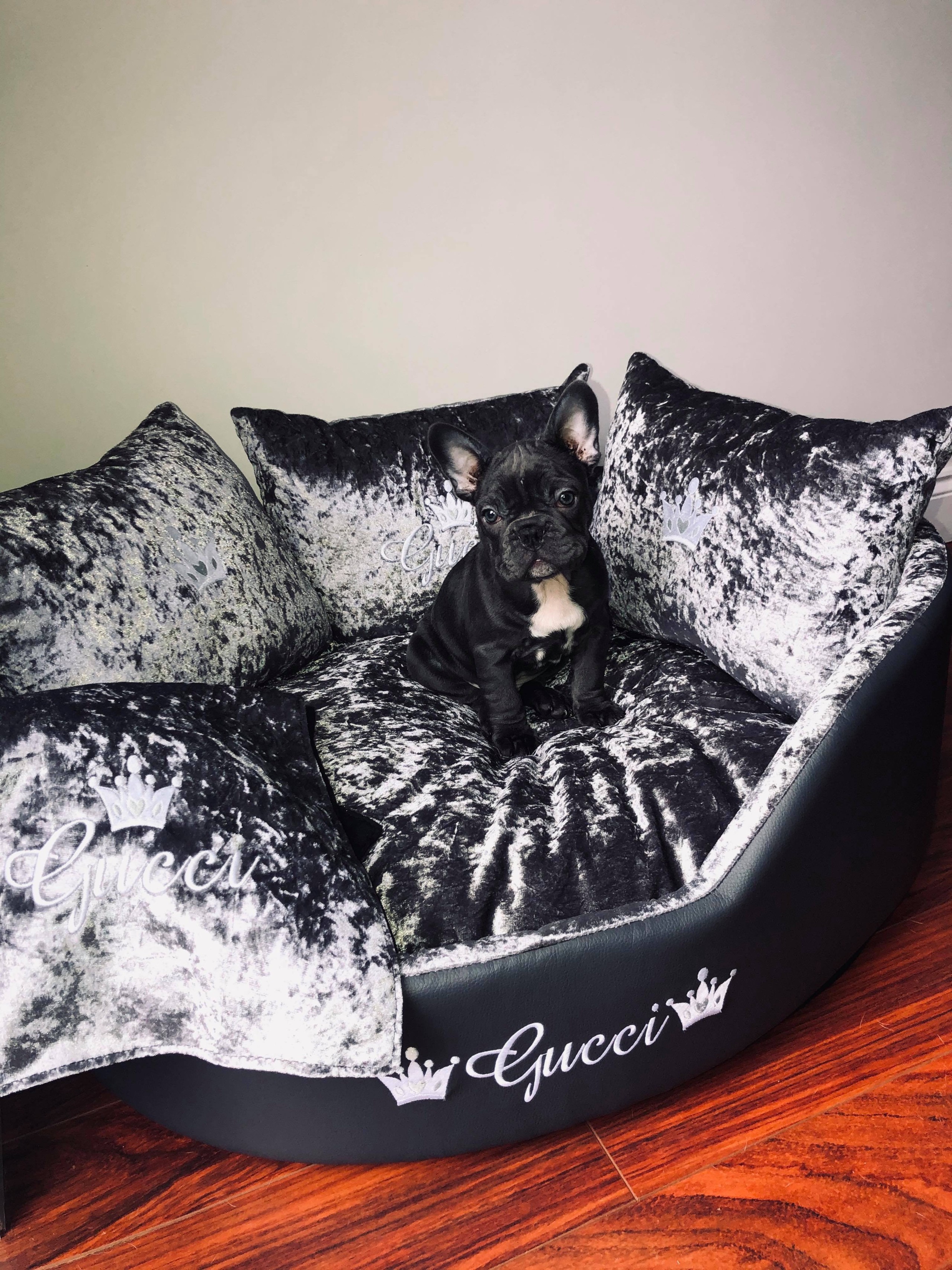 Grey leatherette grey crushed personalised dog bed set 1