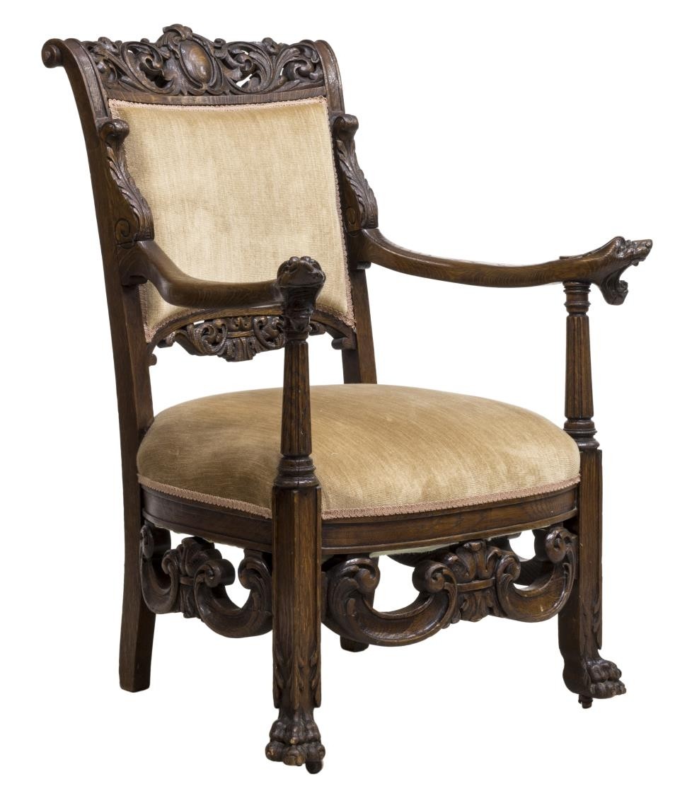 Highly carved lions heads arm chair exciting auction