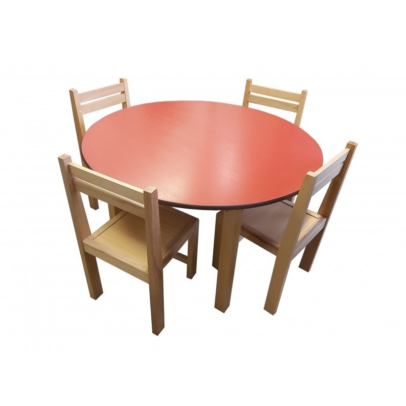 Kids wooden round table and 4 chair set red top