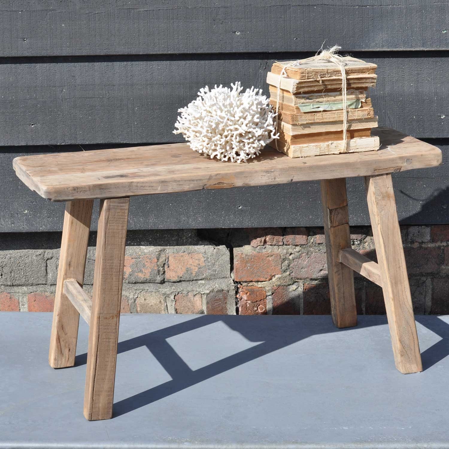 Reclaimed small rustic trestle bench in solid elm