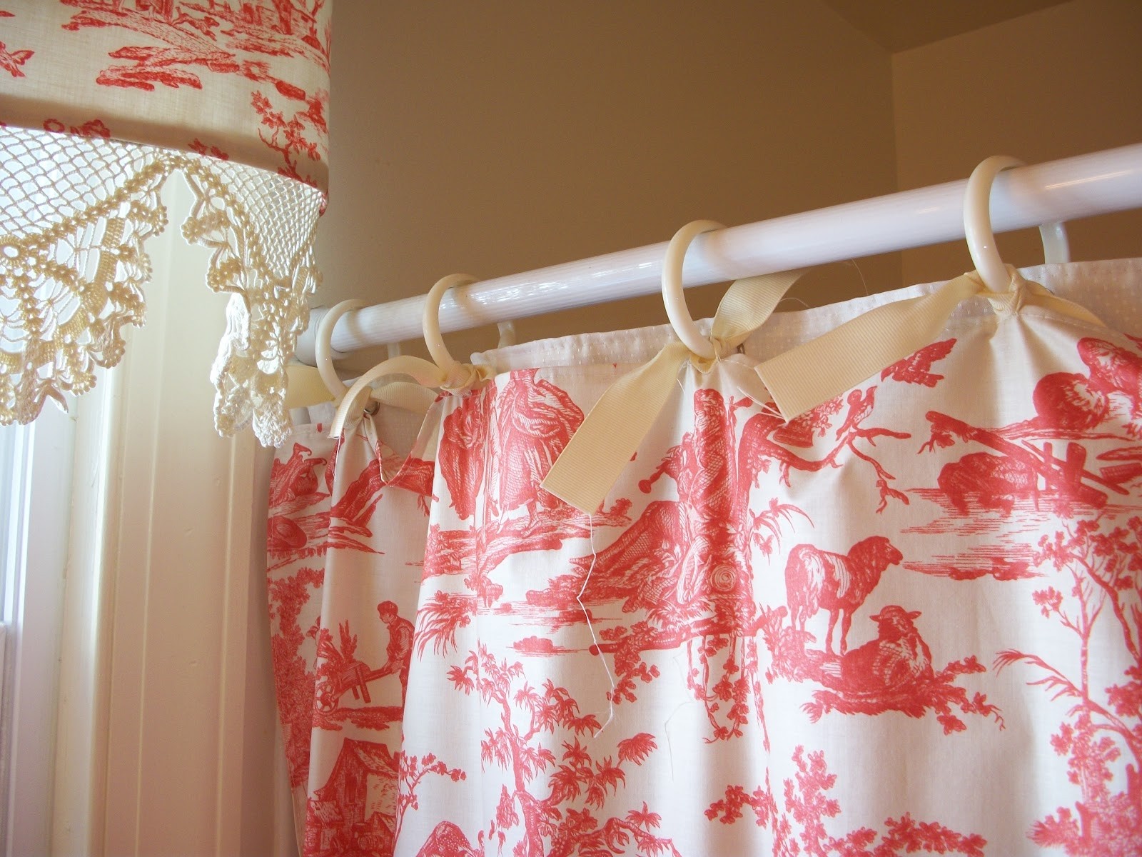 Retrospect red toile shower curtain and matching valance