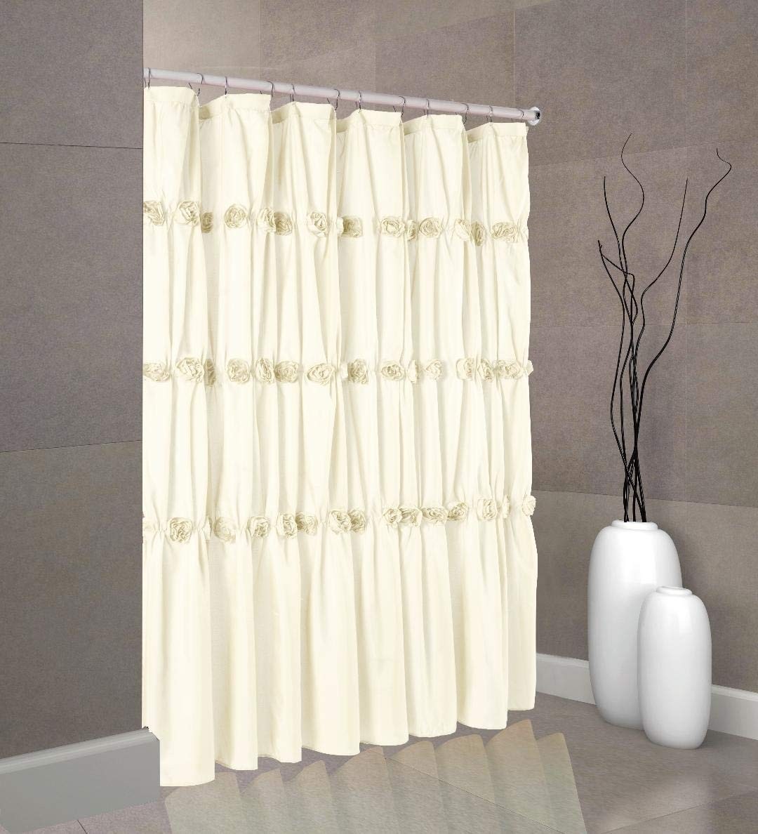 Rose garden toile bathroom shower curtain ivory