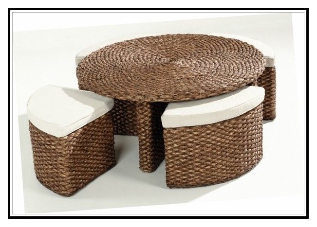 Round rattan ottoman coffee table leather storage