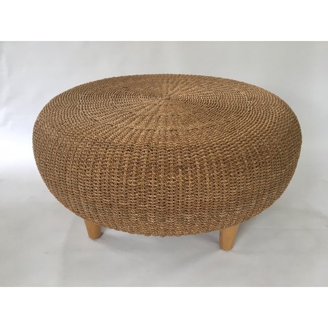 Round woven rattan wicker ottoman coffee table chairish 1