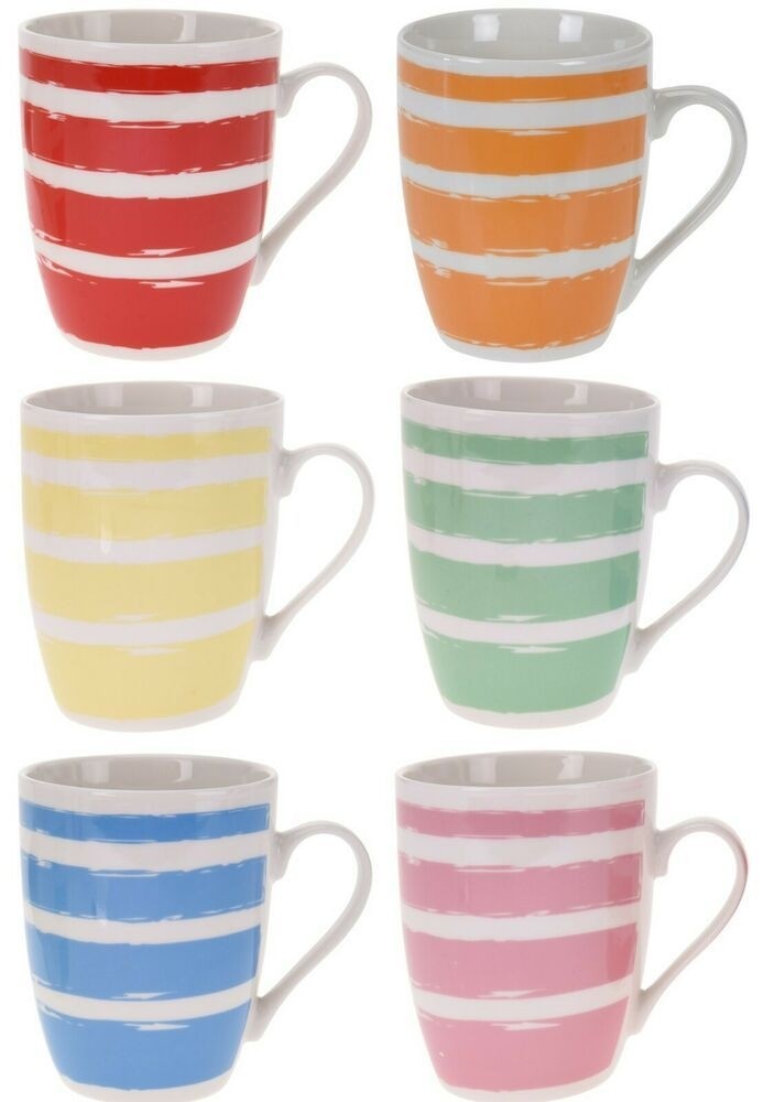 Set of 4 large coffee mugs porcelain striped 330ml