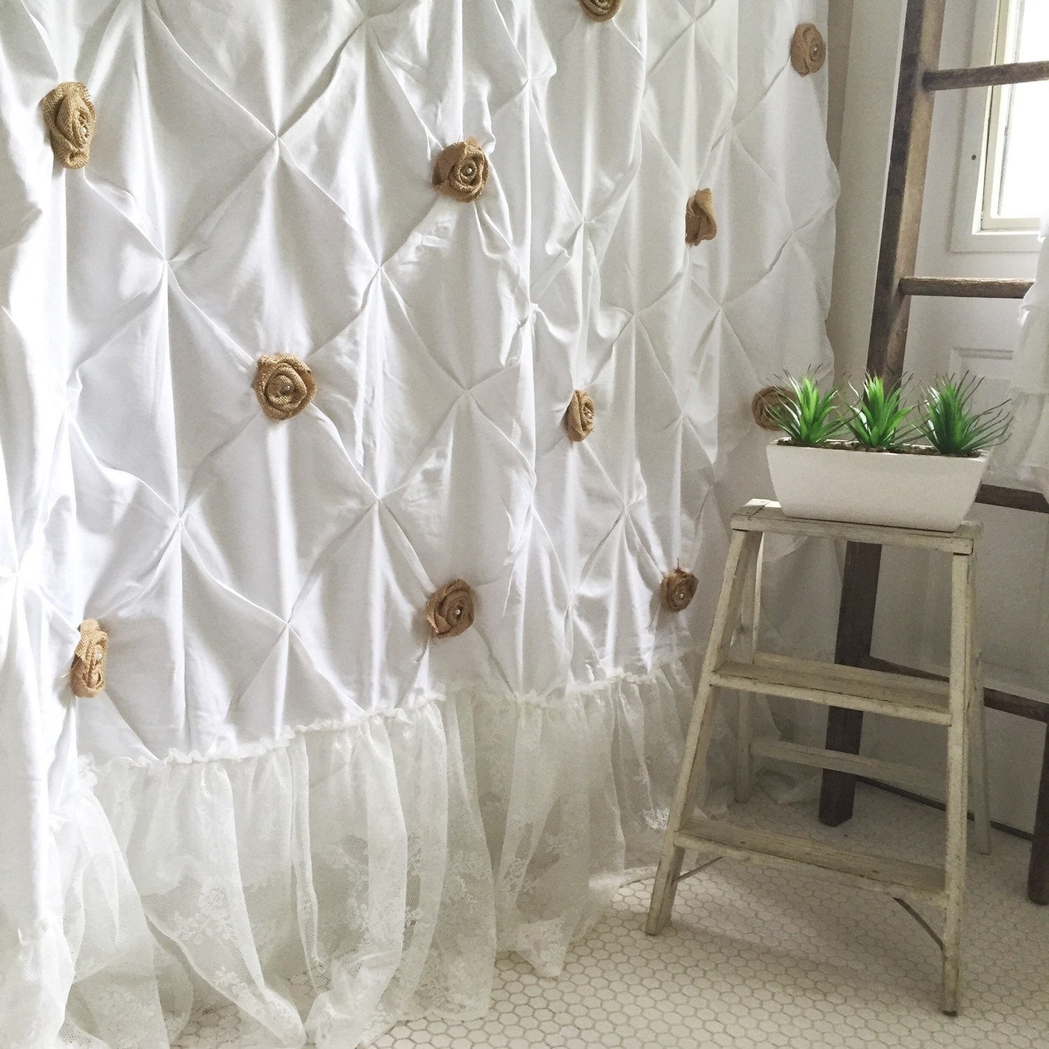 Shabby chic shower curtain extra long white pin tuck with