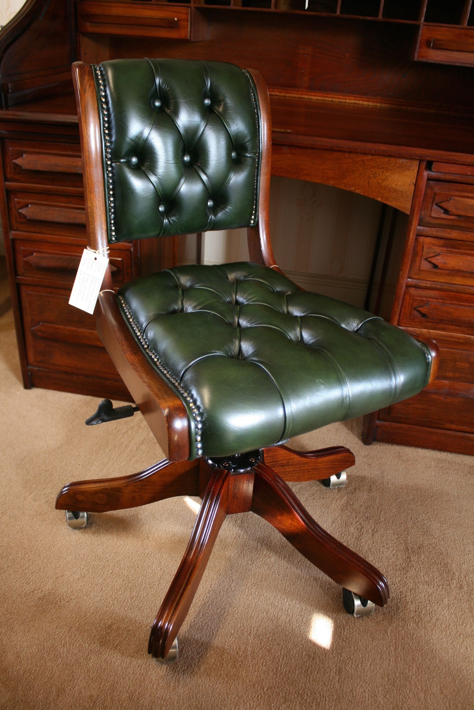 Typist swivel desk chair bottle green leather buttoned