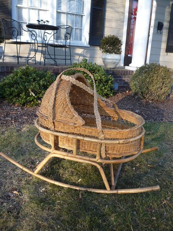 Vintage bamboo rattan baby basket bassinet rocker