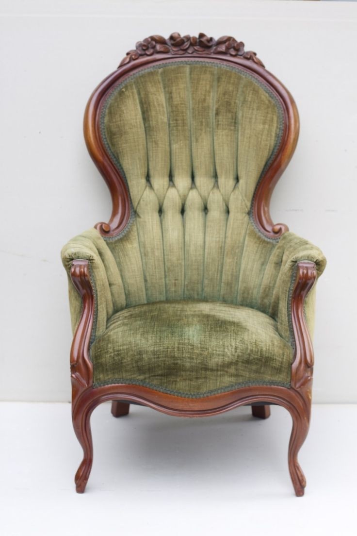 Vintage chair with tufted sage green chenille upholstery 1