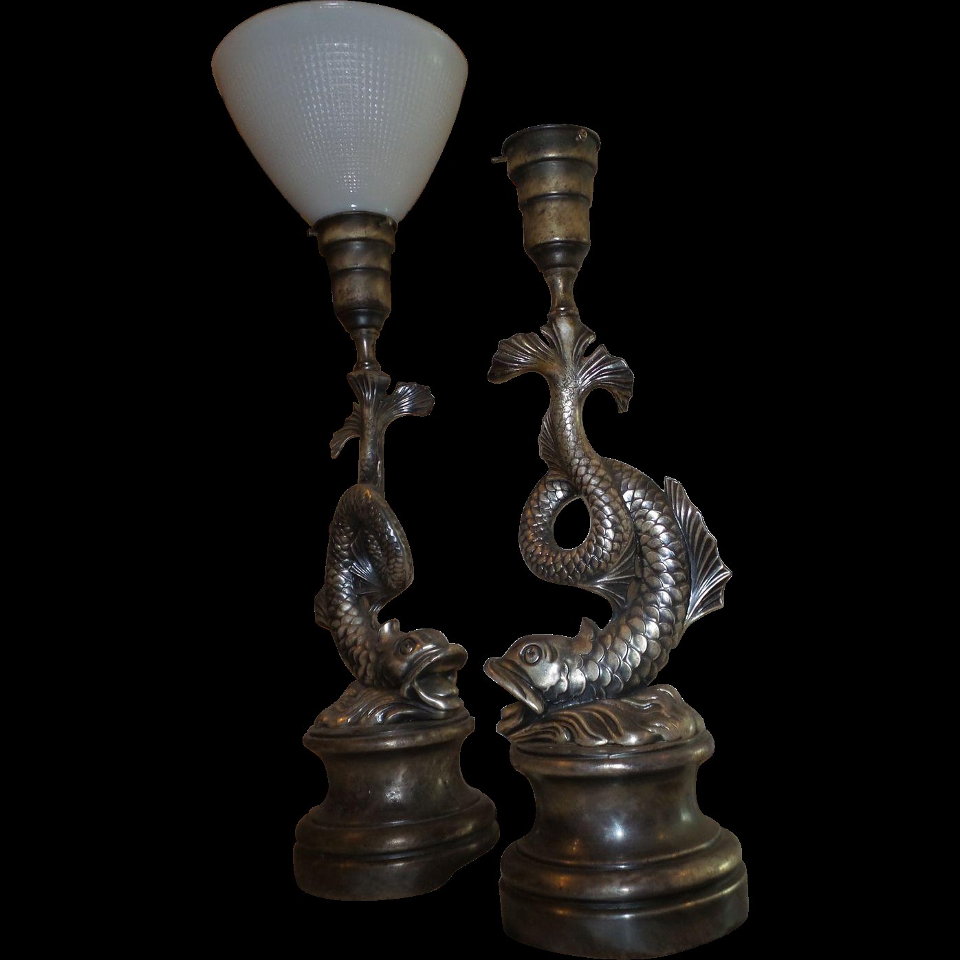 Vintage french made 1920s pair of dolphin shaped lamps in