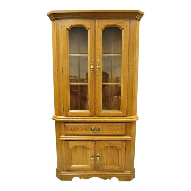 Vintage oskar huber oak wood corner china cabinet chairish