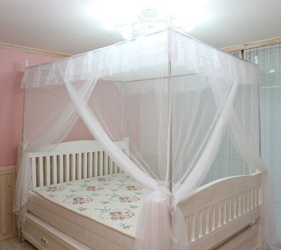 White luxury 4 post lace bed canopy frame set mosquito