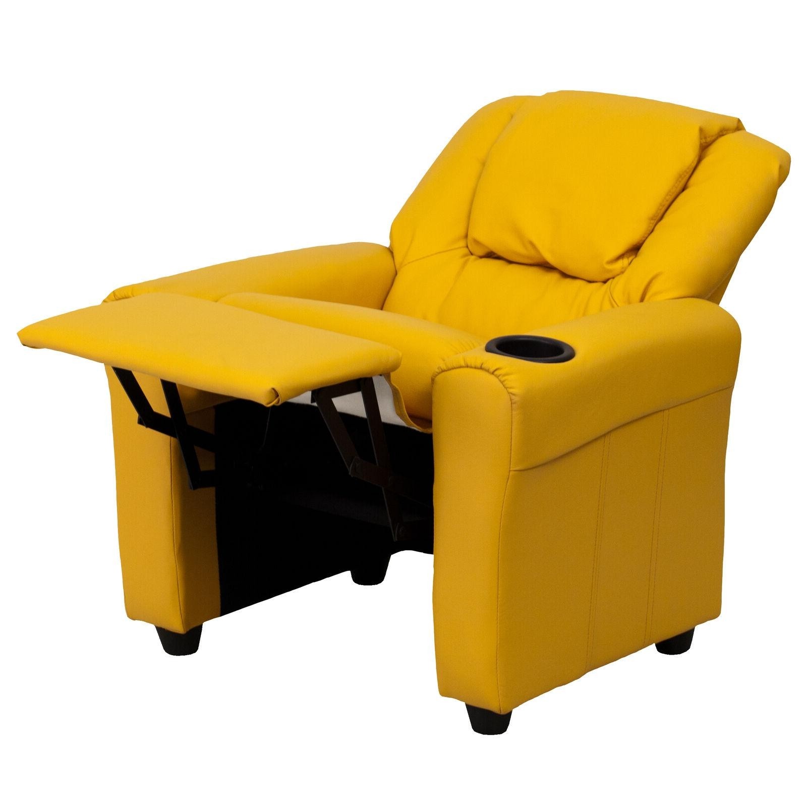 Yellow kids recliner chair vinyl w cup holder 1