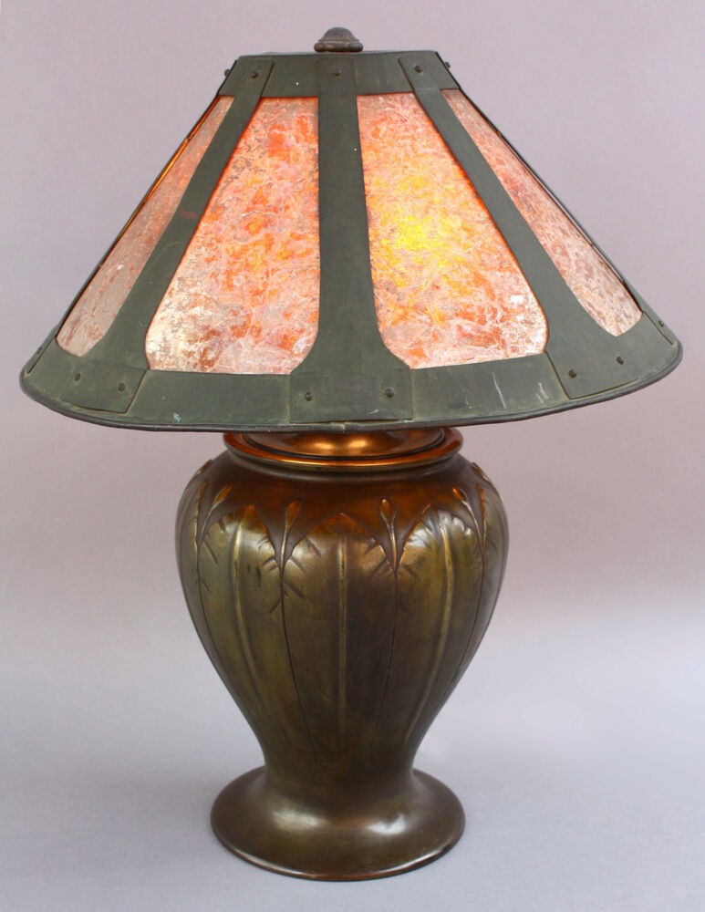 1910 arts crafts bronze table lamp light mica shade
