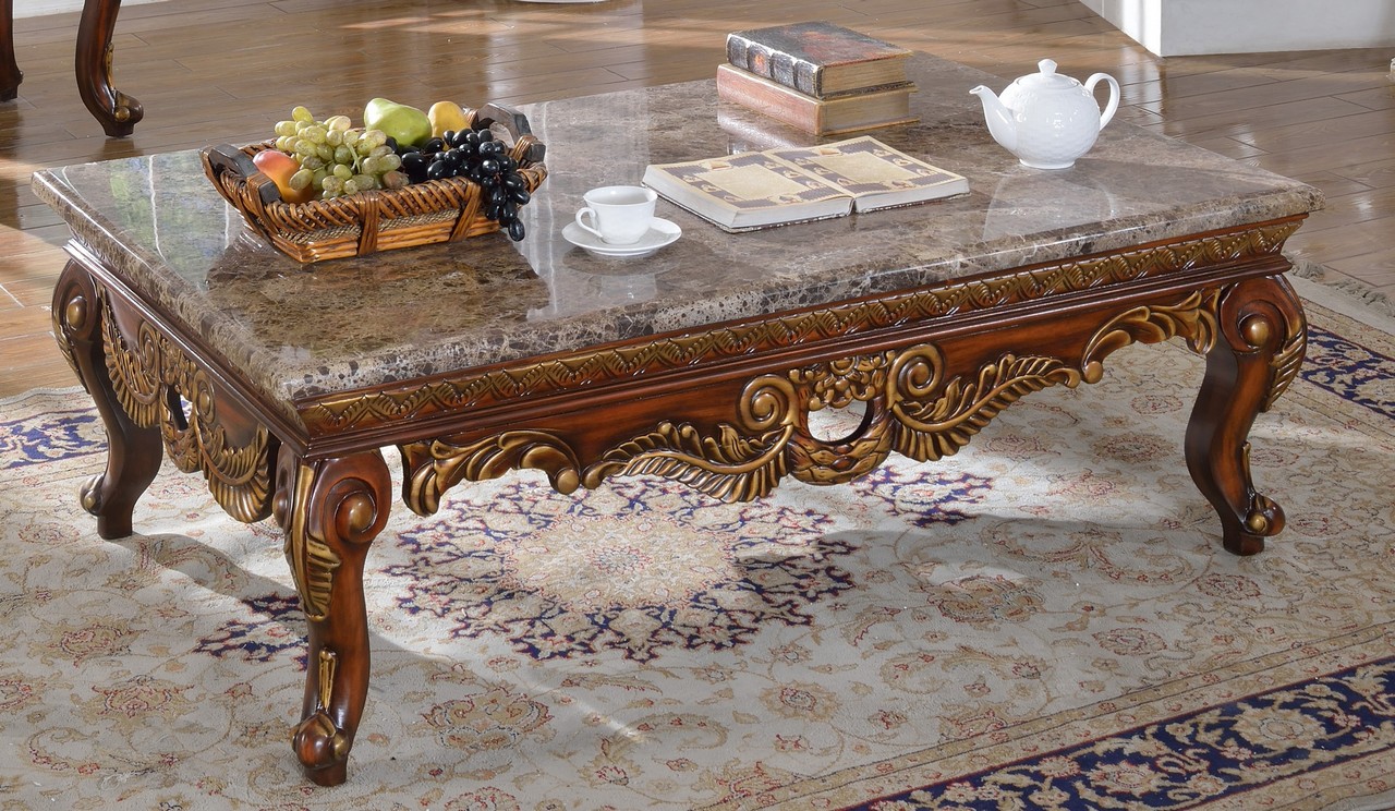 Aragon traditional marble top coffee table w carved