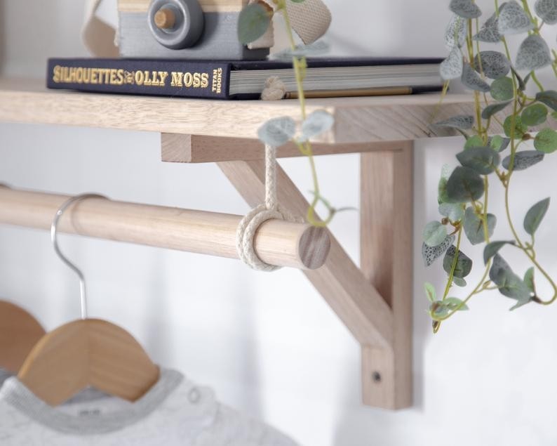 Bracket shelf with hanging rod wooden nursery shelving etsy 2