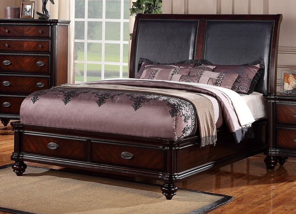 Celecte dark brown wood queen bed w faux leather headboard