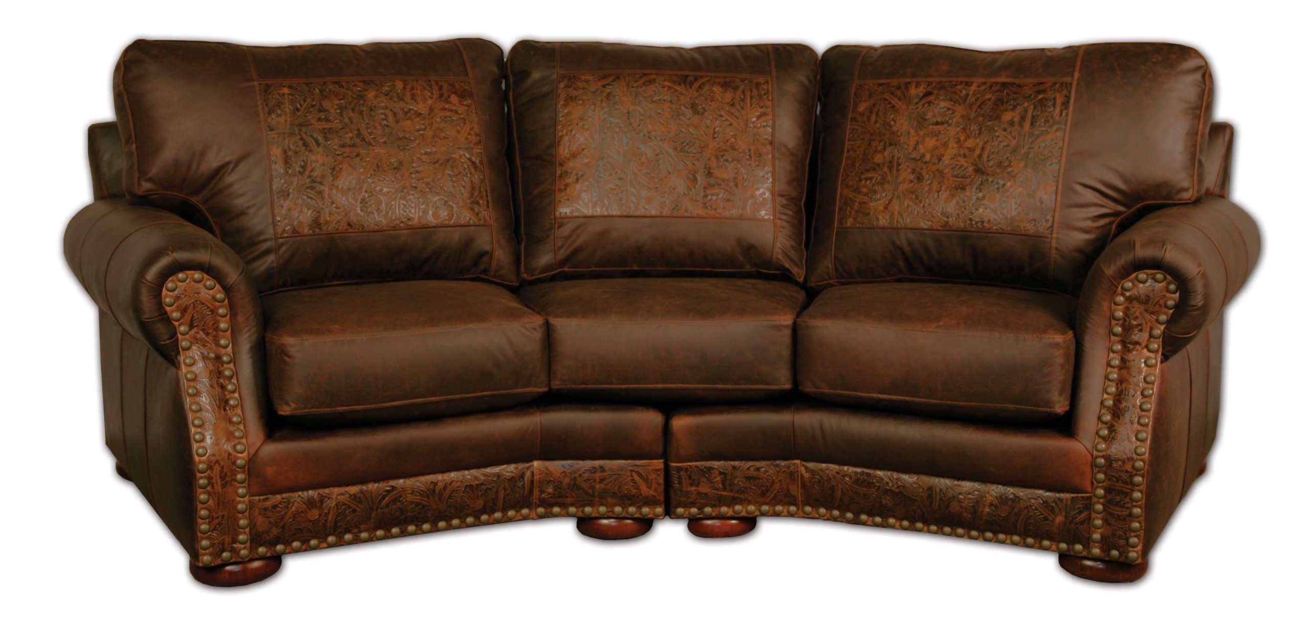 Curved leather sofa with tooled leather western