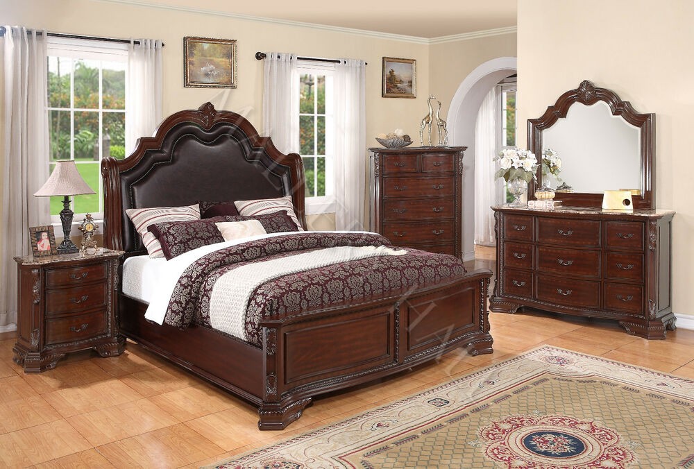 Dark brown leather headboard bedroom queen set ebay