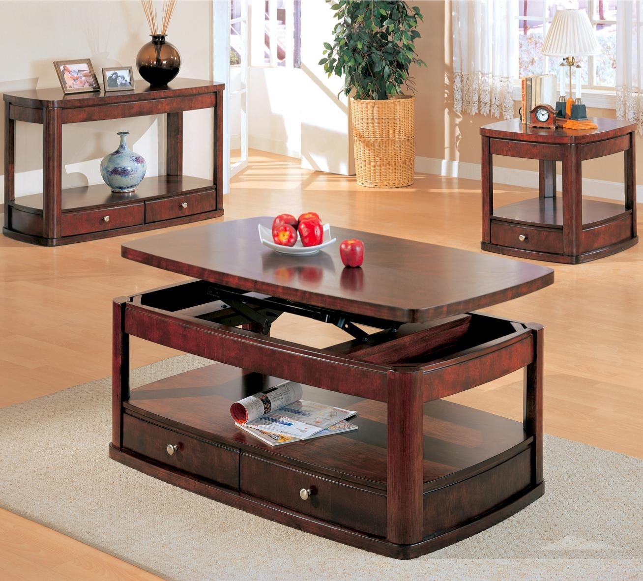 Evans merlot coffee table with lift top and storage drawers