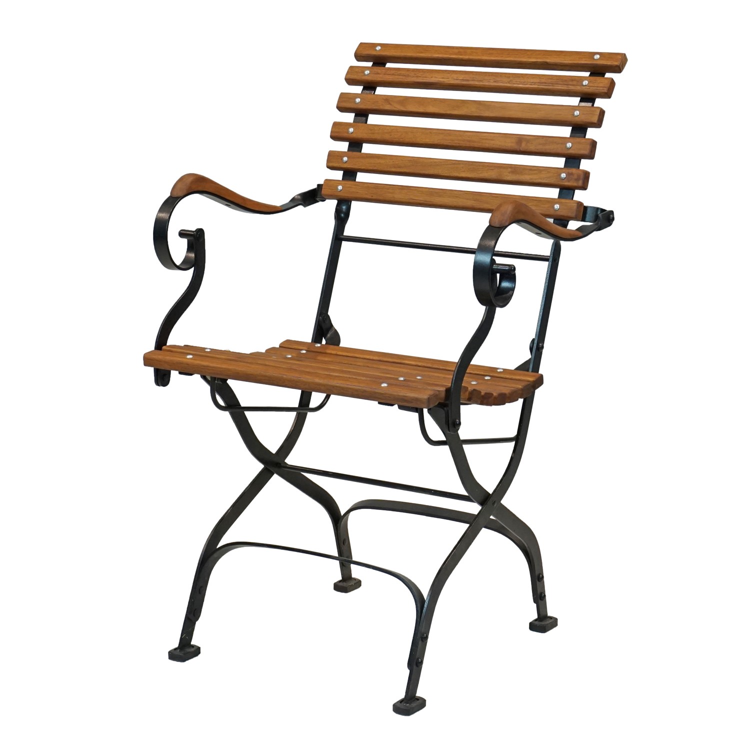 French provincial iron and teak folding outdoor arm chair