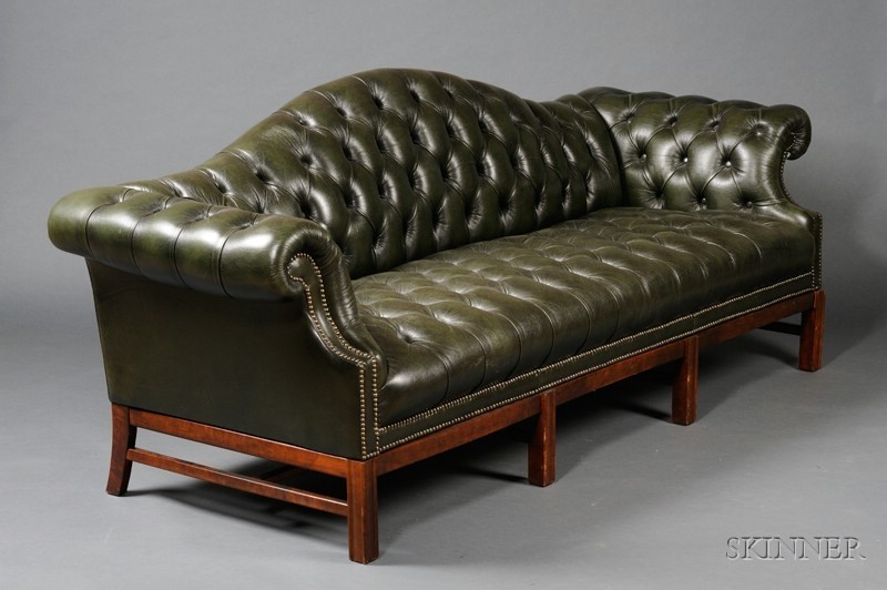 Georgian style green tufted leather upholstered camel back