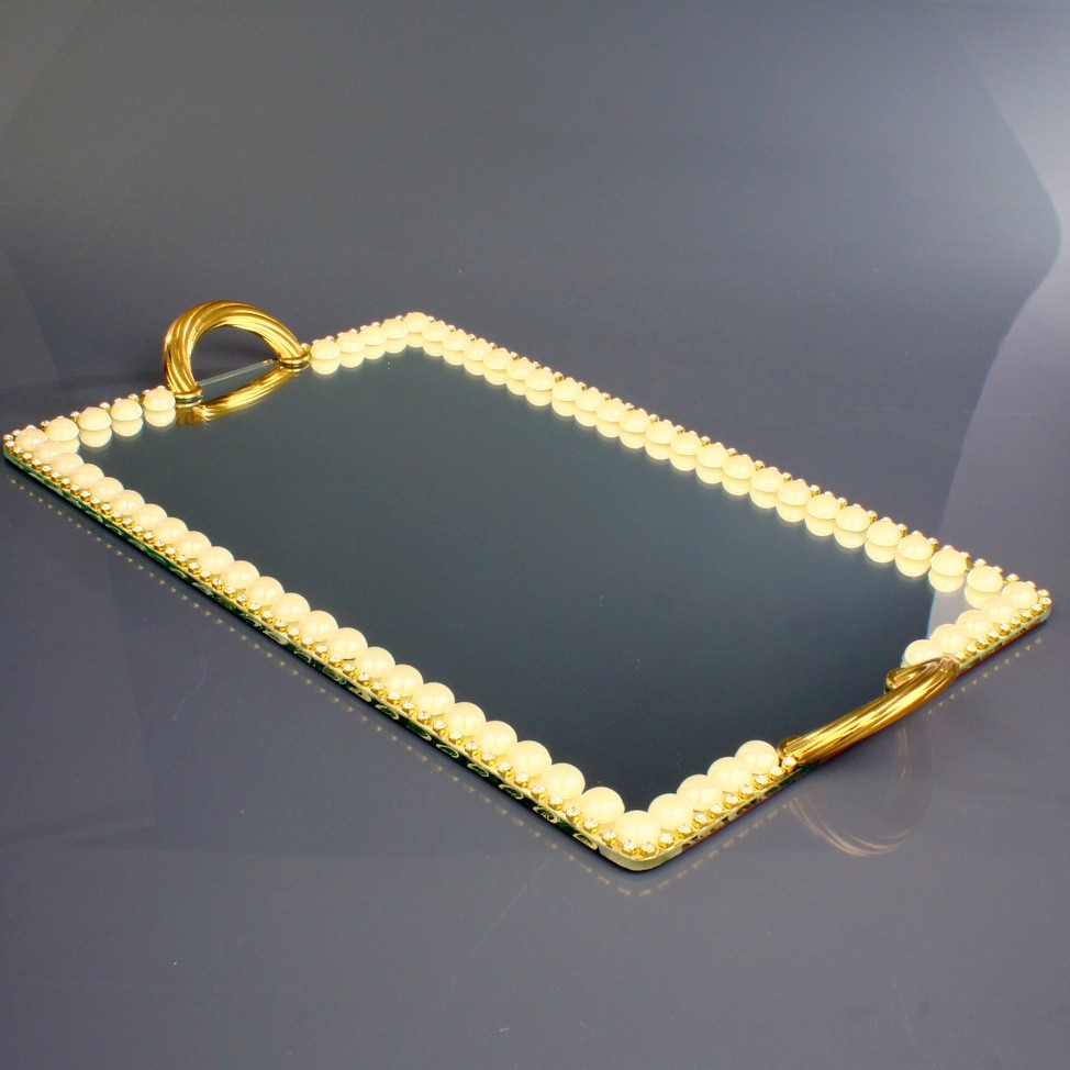 Golden rectangle mirror vanity ottoman serving tray
