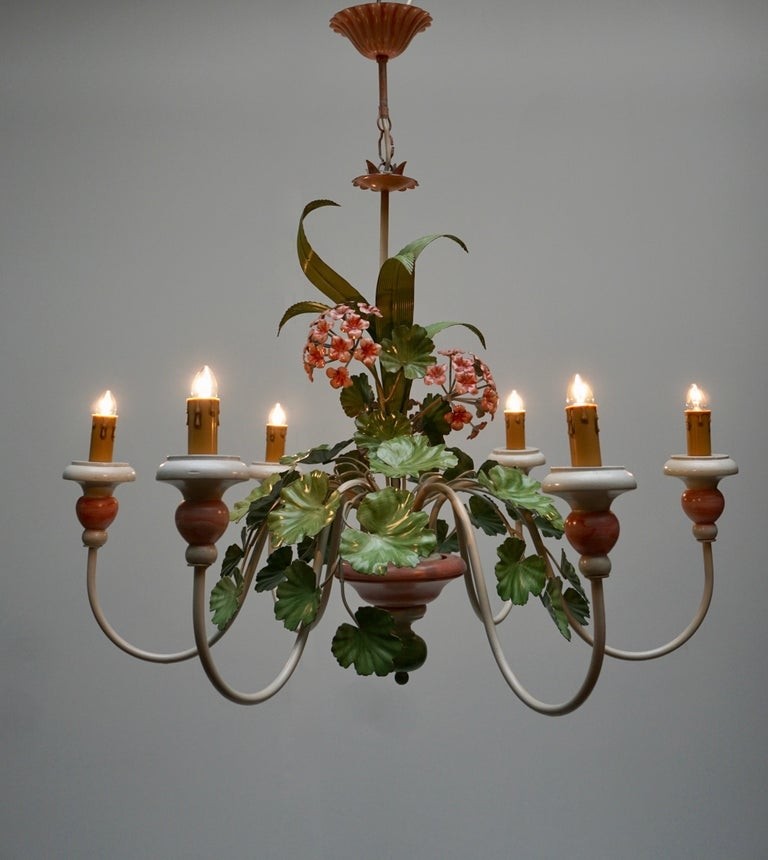Italian painted iron and tole chandelier with flowers at