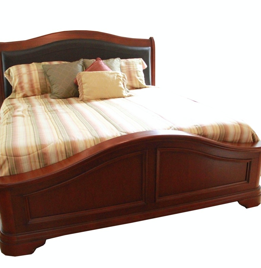 King size mahogany tone bed frame with faux leather 1