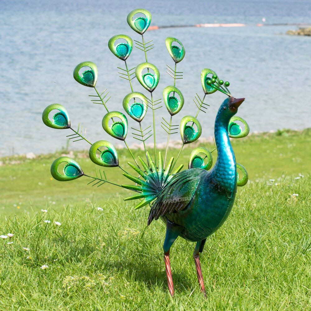 Large 56cm green peacock metal garden ornament decorative