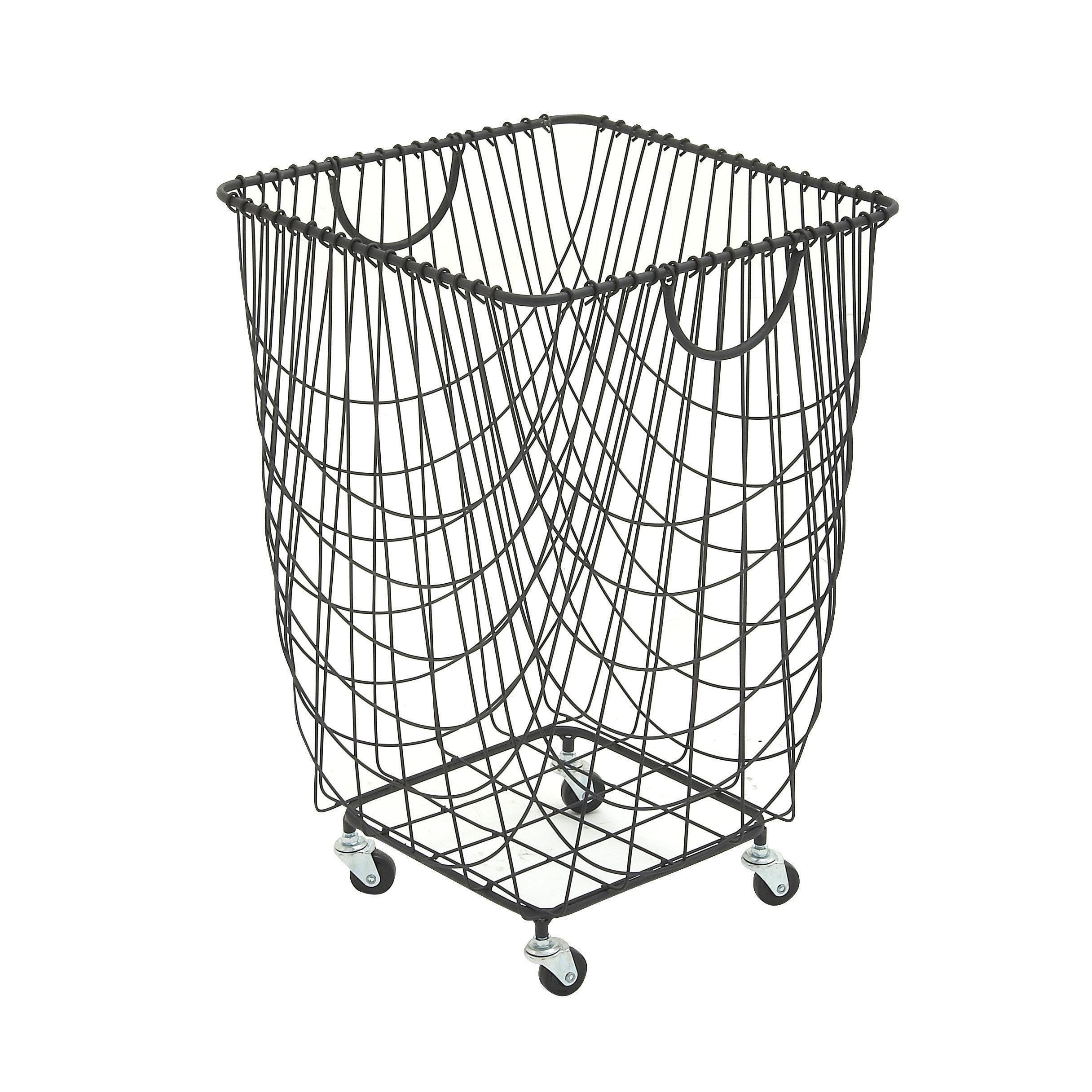 Large rectangular black metal laundry basket with wheels