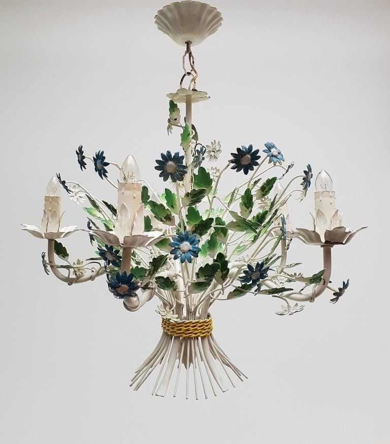 Midcentury french painted iron and tole chandelier with