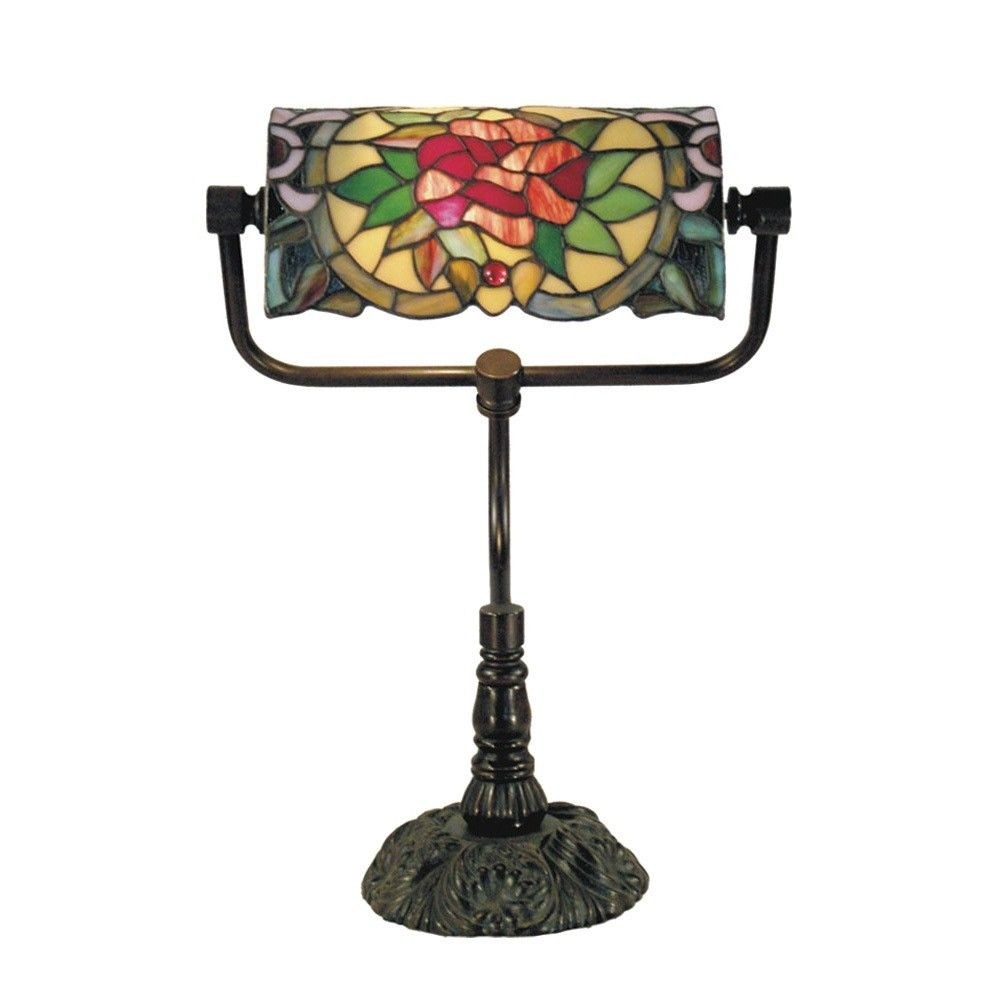 Red camellia tiffany style stained glass bankers table lamp