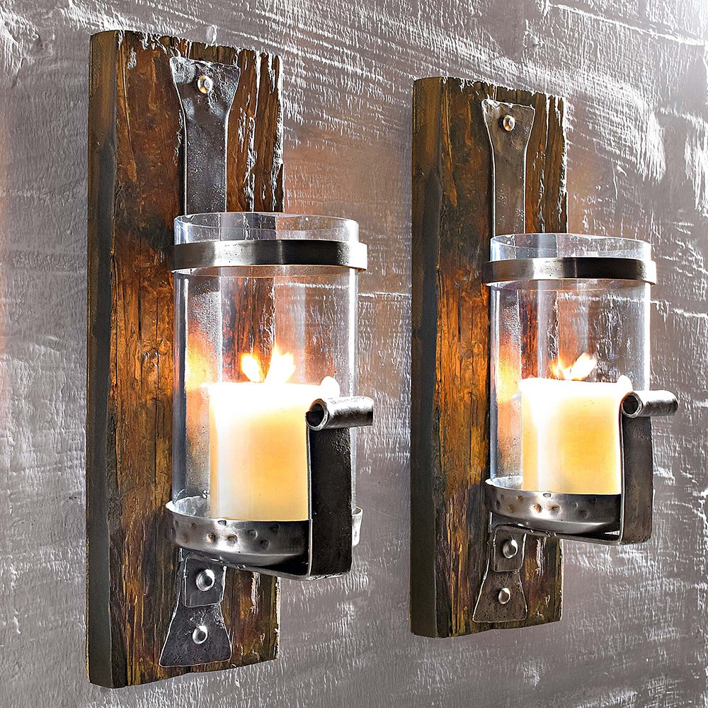Rustic wooden wall candle holder living room decoration
