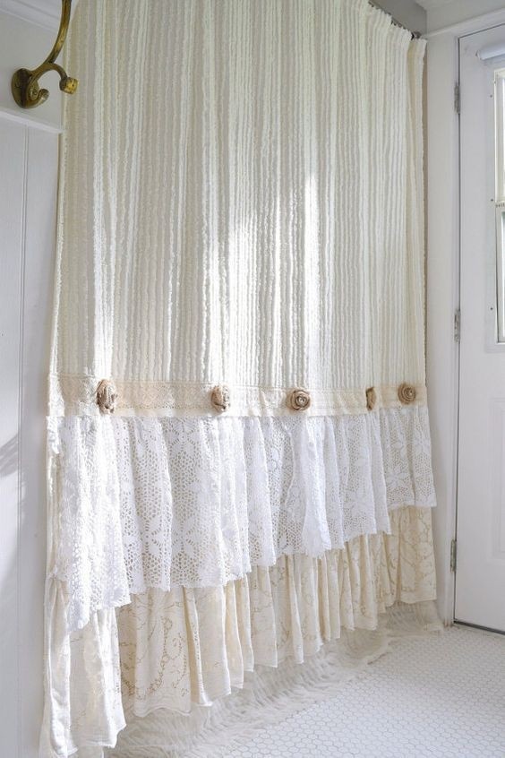 Shabby cottage chic shower curtain cream chenille lace