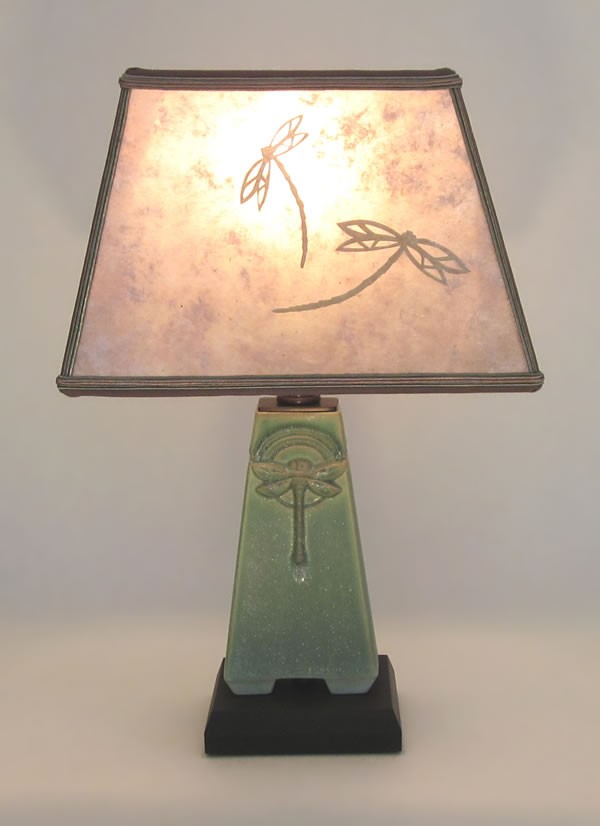 Small green dragonfly roycroft arts crafts pottery lamp