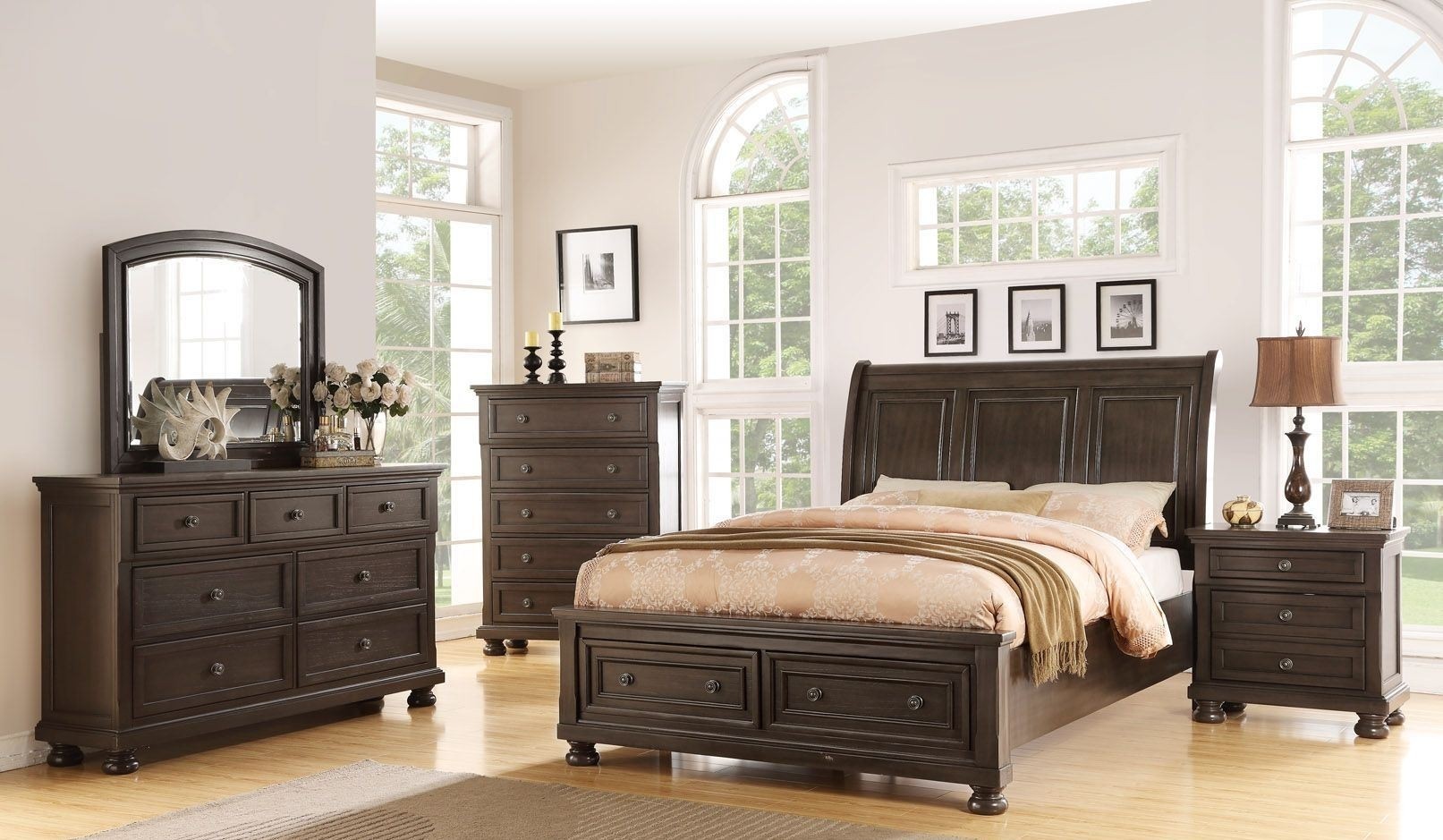 Soriah distressed gray sleigh storage bedroom set from