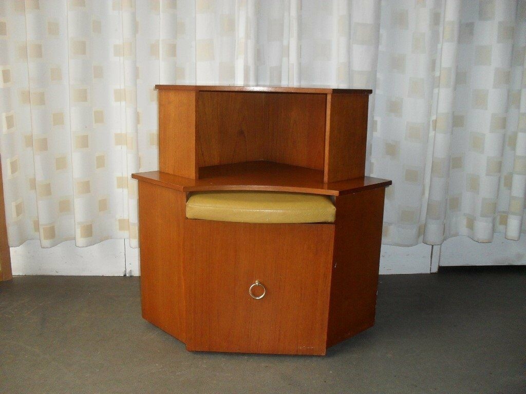 Vintage retro teak chippy corner telephone table with pull